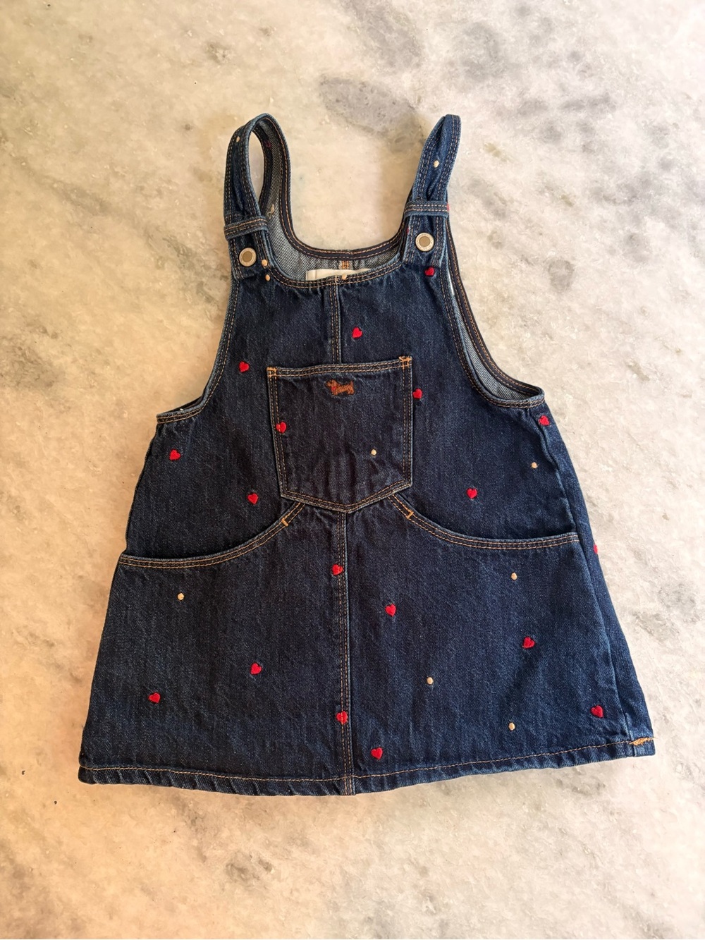 Zara Toddler Dark Denim Heart Embroidered Pinafore Dress